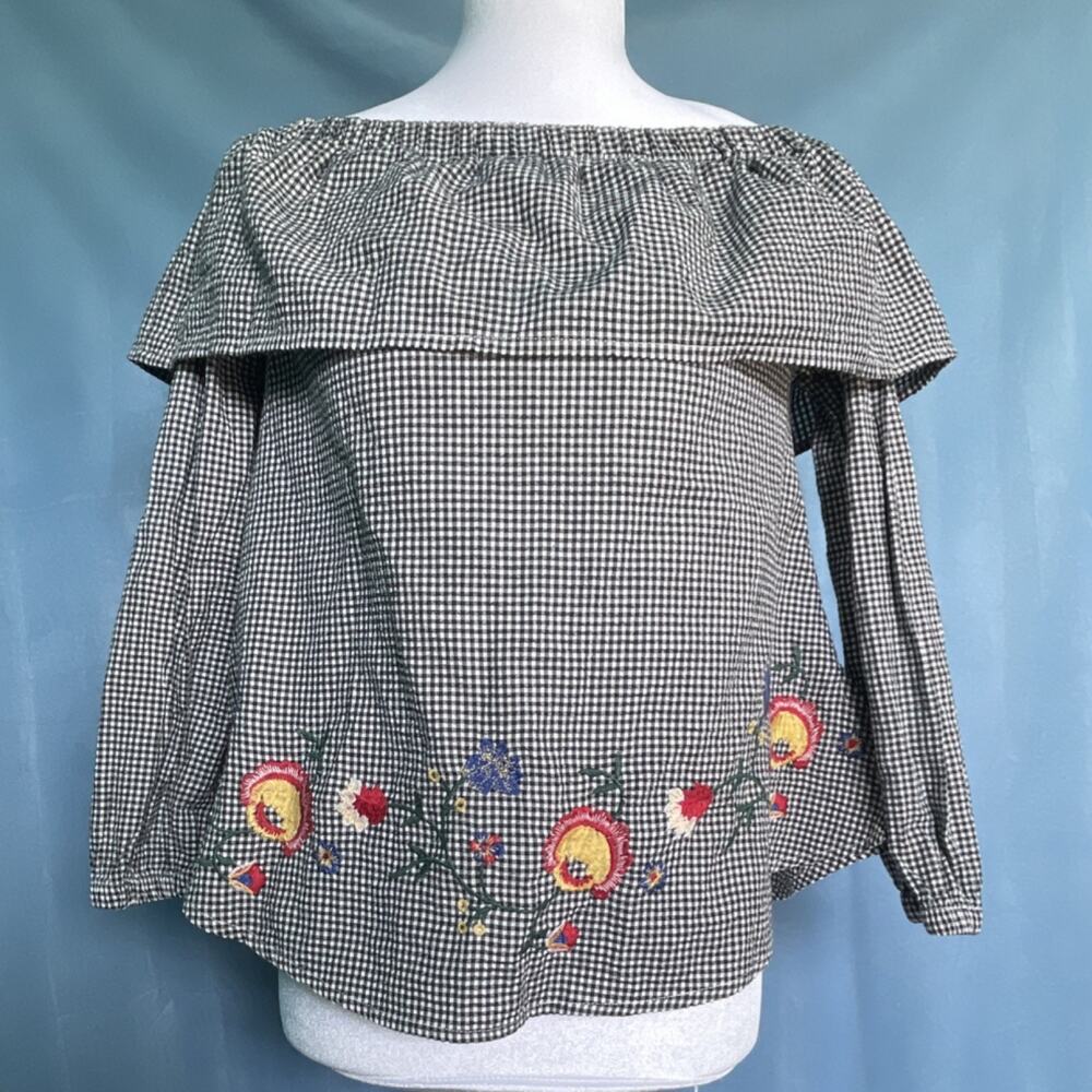cklass Black White Off-the-Shoulder Gingham Embroidered Floral Blouse S